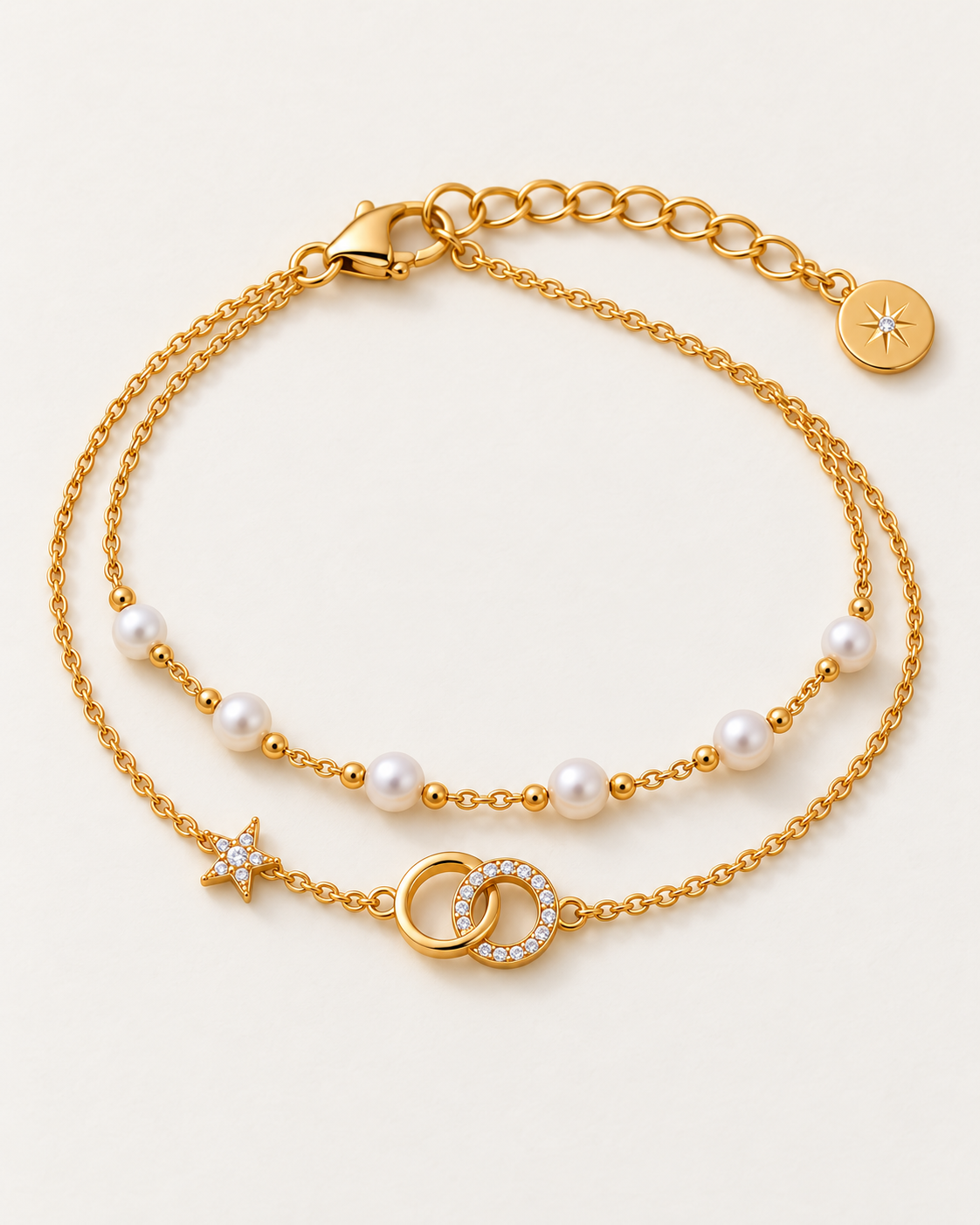 Linked Pearl med seks perler, liten stjerne og sammenflettede ringer – designillustrasjon